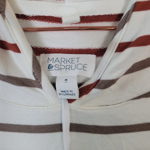 MARKET & SPRUCE Beige Striped Milania French Terry Curved Hem Hoodie Size M - Picture 6 of 12